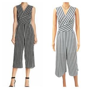 AQUA Striped Wrap Front Wide-Leg Crop Culotte Jumpsuit Pockets Black White L